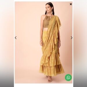 Ocre foil ruffled pre stitched saree without blouse